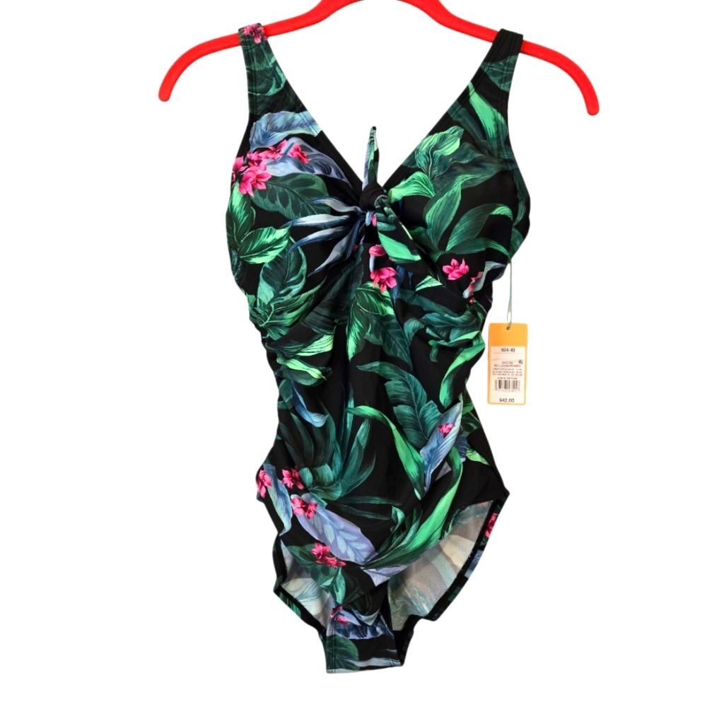 Kona Sol Women's Hawaii Print Floral Tropical Tie-Front One Piece Swimwear NEW S